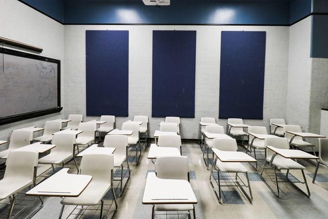 Classrooms in Allen Hall sit empty on Thursday, March 1, 2018.