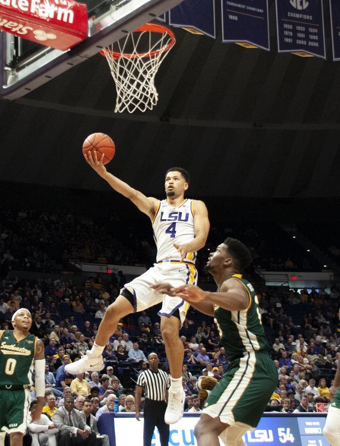 LSU guard Skylar Mays (04) lays the ball up during the Tigers' 94-63 win against Southeatern on Tuesday, Nov. 6, 2018, in the PMAC.