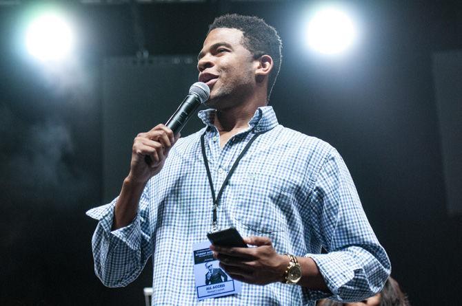 LSU Student Government president and biological engineering senior Stewart Lockett speaks to students in the PMAC on Saturday, Aug. 18, 2018.