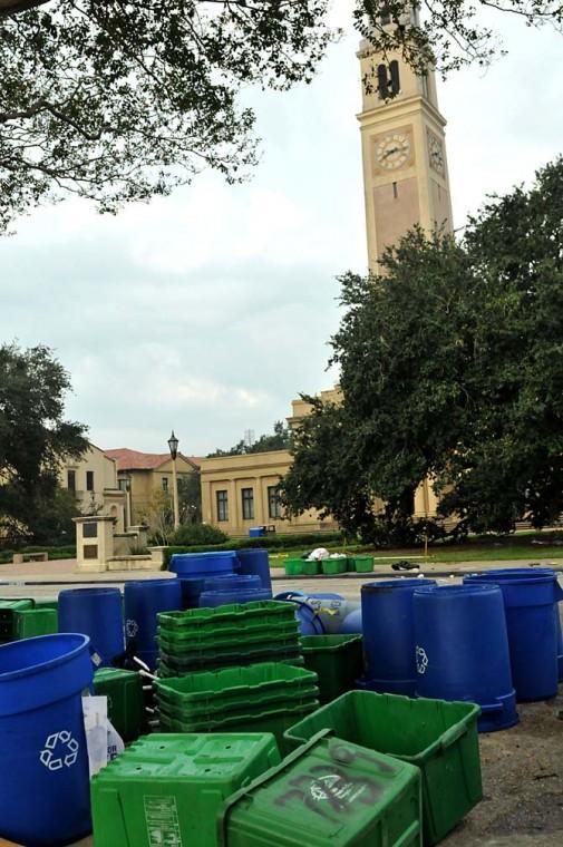 Recycling bins sit in stacks Sunday, Oct. 14, 2012 after LSU played South Carolina in Tiger Stadium.