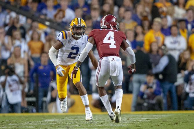 LSU sophomore wide receiver Justin Jefferson (2) runs the field during the Tigers&#8217; 29-0 loss against Alabama on Saturday, Nov. 3, 2018, in Tiger Stadium.