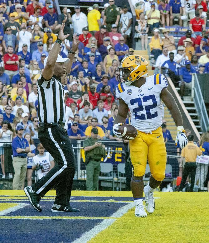 LSU sophomore running back Clyde Edwards-Helaire (22) holds the ball during LSU's 36-16 win against Georgia on Saturday, Oct. 13, 2018, at Tiger Stadium