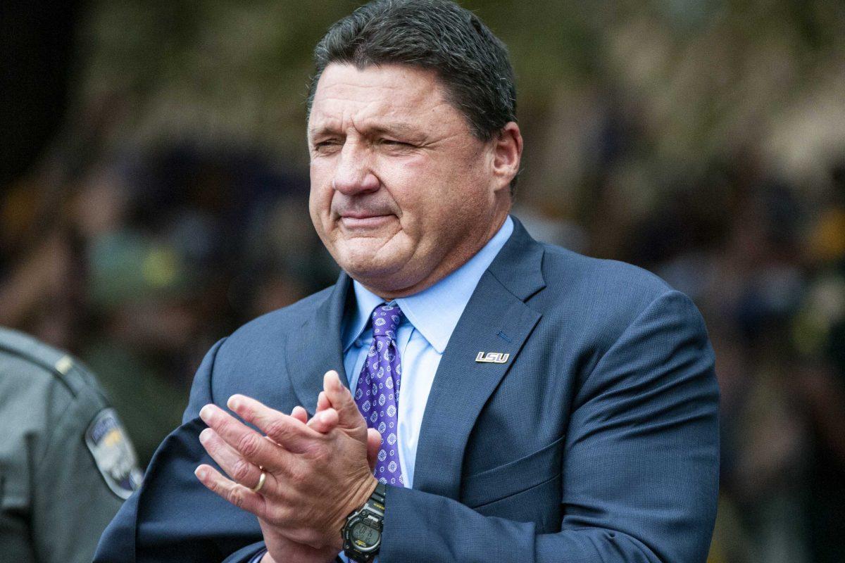 Coach Ed Orgeron marches down Victory Hill before the LSU football game against Mississippi State on Saturday, Oct. 20, 2018.