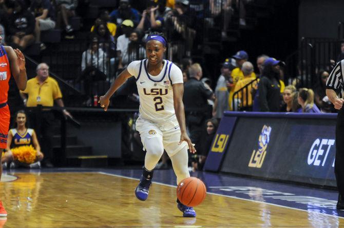 LSU senior guard Shanice Norton (2) dribbles toward the court during the Lady Tigers&#8217; 66-52 victory over Sam Houston in the PMAC on Tuesday, Nov. 6, 2018.