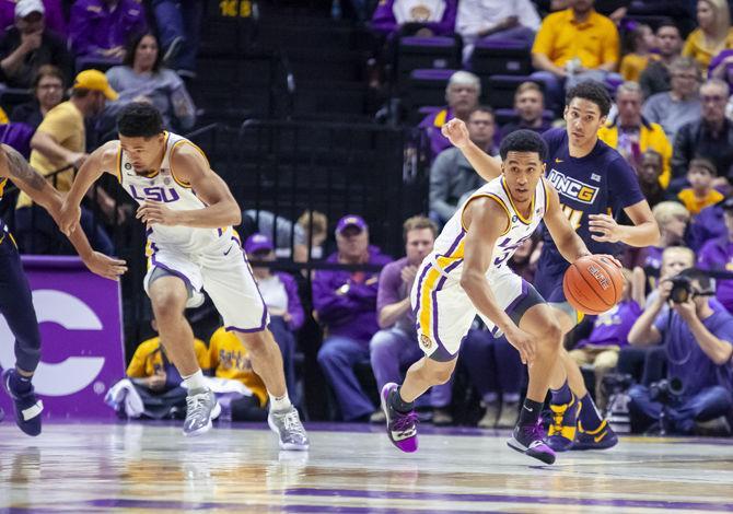 LSU sophomore guard Tremont Waters (3) carries the ball down the floor during the Tigers&#8217; 97-91 victory over UNC Greensboro in the PMAC on Friday, Nov. 9, 2018.