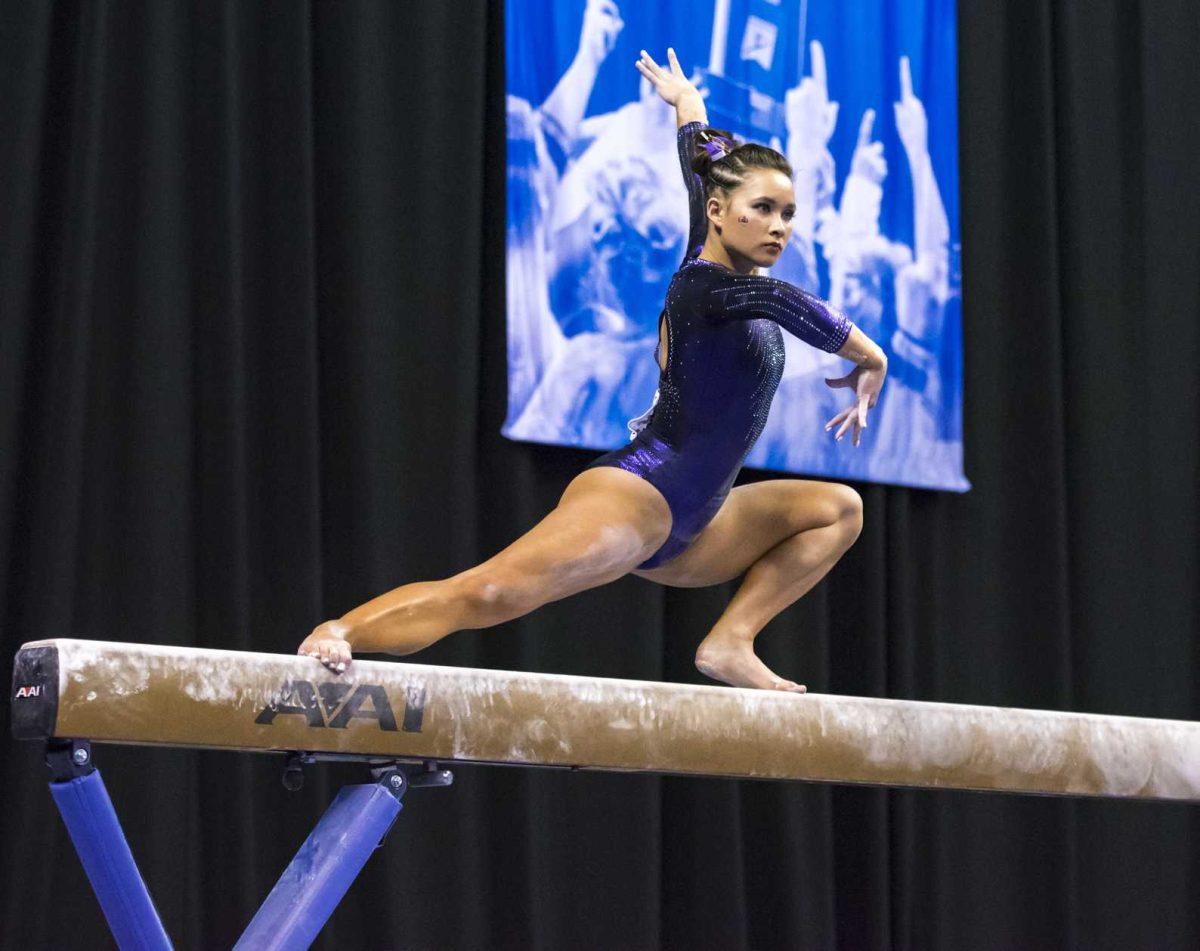 LSU junior Sarah Finnegan performs her beam routine during the NCAA Gymnastics Super Six on Saturday, April 21, 2018, in the Chaifetz Arena in Saint Louis, Missouri.