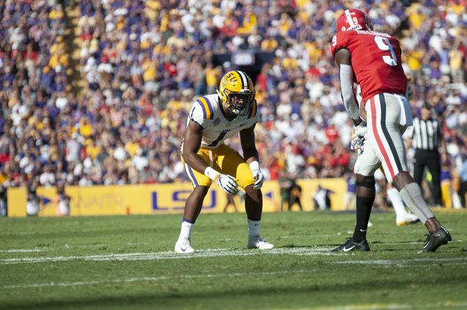 LSU freshman cornerback Kelvin Joseph (1) guards Georgia player on Saturday, Oct. 13,2018.