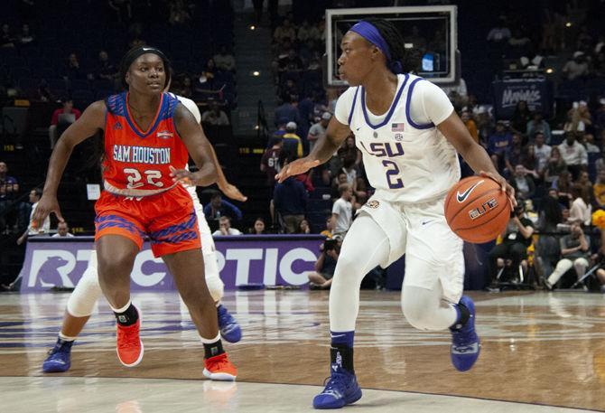 LSU guard Shanice Norton (02) dribbles the ball during the Tigers' 52-66 win over Sam Houston on Tueday, Nov. 6, 2018 in the PMAC.