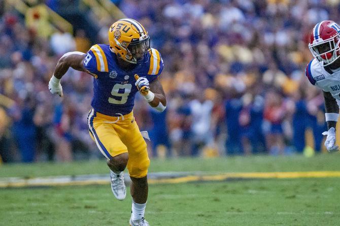 LSU sophomore safety Grant Delpit (9) runs down the field during the Tigers' 38-21 victory against LA Tech on Saturday, Sept. 22, 2018, in Tiger Stadium.