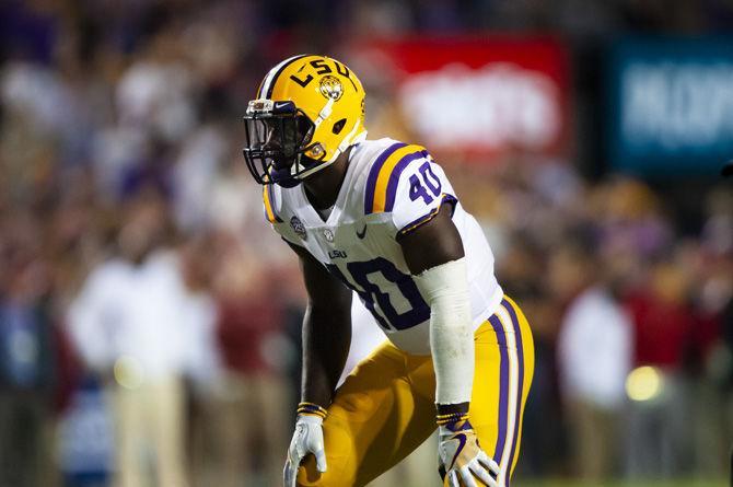 LSU junior linebacker Devin White (40) waits to make a play during the Tigers' 29-0 loss against Alabama on Saturday, Nov. 3, 2018, in Tiger Stadium.