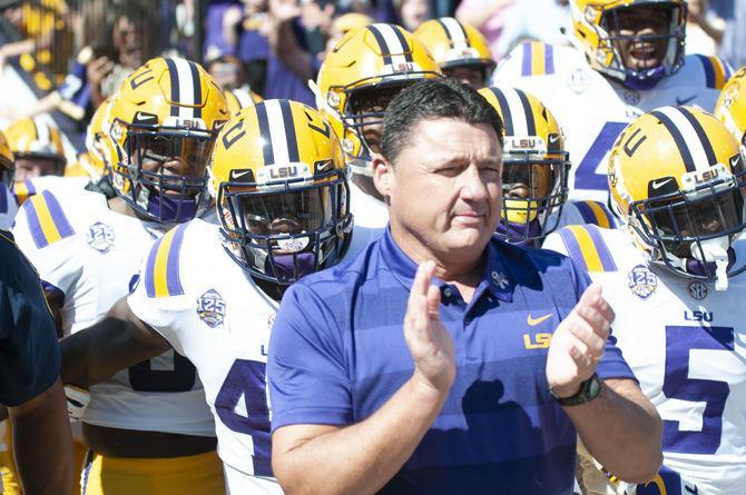 Coach Orgeron leads his team into Death Valley to a game agaisnt Georgia on Saturday, Oct. 13,2018.