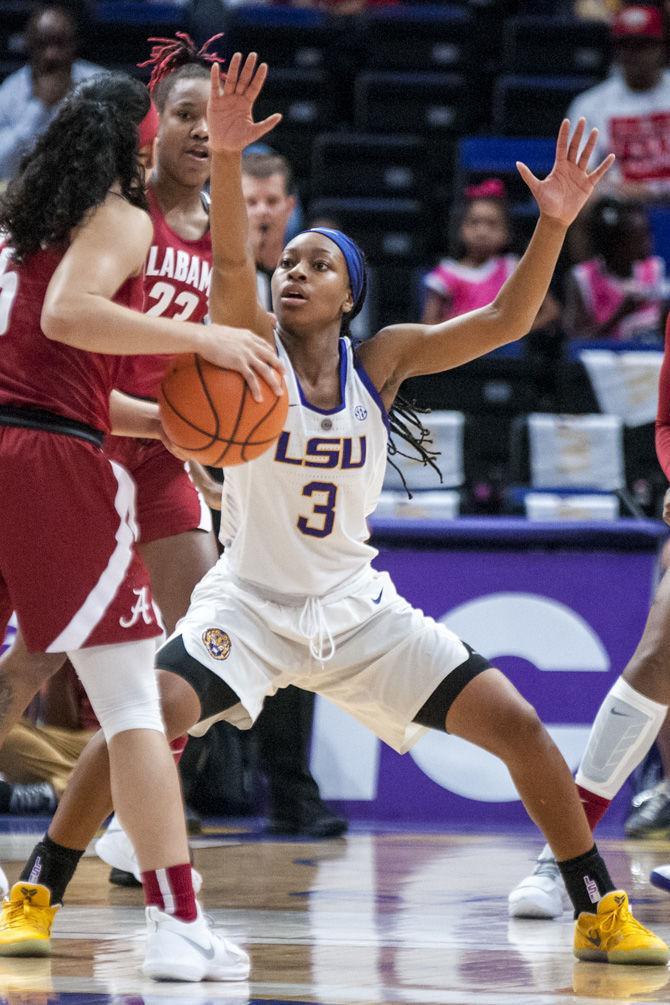 LSU freshman guard Khayla Pointer (3) plays defense during the Tigers' 79-78 win against Alabama on Sunday,&#160;Feb. 25, 2018, in the PMAC.