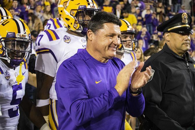 On Saturday, Nov. 17, 2018 LSU coach Ed Orgeron leads his team to a 42-10 victory against Rice.