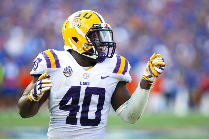 LSU junior linebacker Devin White (40) celebrates during the Tigers&#8217; 27-19 loss against the University of Florida on Saturday, Sept. 2018 in Ben Hill Griffin Stadium.