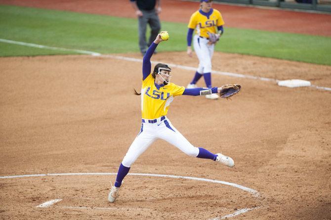 LSU sophomore pitcher Maribeth Gorsuch (6) pitches during the Tigers' 3-1 loss against Ole Miss on Sunday, April 8, 2018 at Tiger Park.