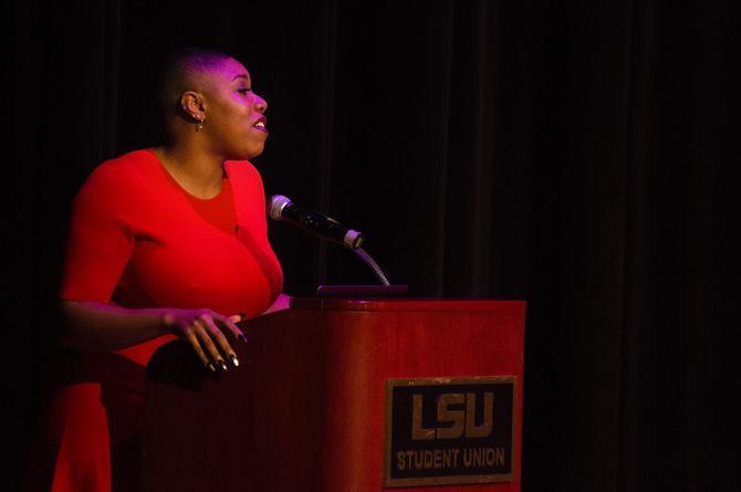 CNN Political Commentator Symone Sanders speaks at the Dr. Martin Luther King Jr. Commemorative Celebration on Tuesday, Jan. 22, 2019 in the Student Union Theatre.