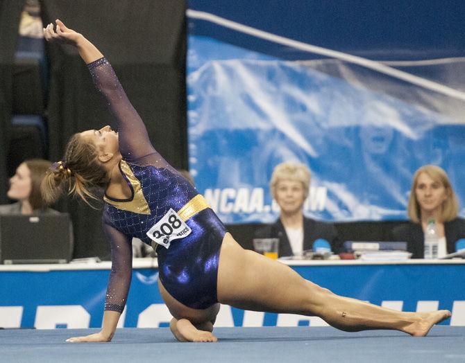 LSU sophomore all-arounder McKenna Kelley during the Tigers' first place win in the NCAA Semifinals Session II with a 198.275 team score to advance to the Super Six Championship on Friday, April 14, 2016 in the Chaifetz Arena, in St. Louis, Missouri.