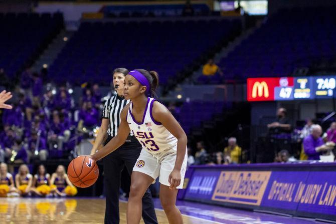 LSU junior guard Jaelyn Richard-Harris (13) sets up a play during the lady Tigers' 76-52 loss to South Carolina, on Sunday, Jan. 13, 2019 in the PMAC.