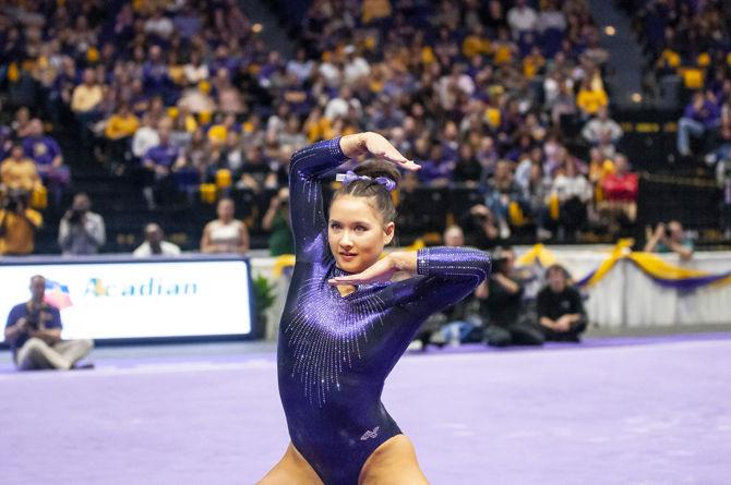 LSU&#160;all-around senior Sarah Finnegan performs a floor routine during the Tigers' 197.500-197.425 loss to Florida on Friday, Jan. 18, 2019 in the PMAC.