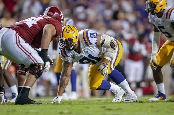 LSU junior defensive end Breiden Fehoko (91) prepares for play during the Tigers&#8217; 29-0 loss against Alabama on Saturday, Nov. 3, 2018, in Tiger Stadium.