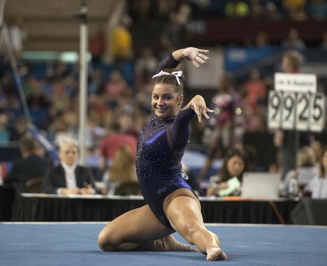 LSU freshman all-arounder McKenna Kelly performs her floor routine during the Tigers' 197.4500 score for second place in the National Championship on Saturday, Apr. 16, 2016 in Dallas Fort Worth.