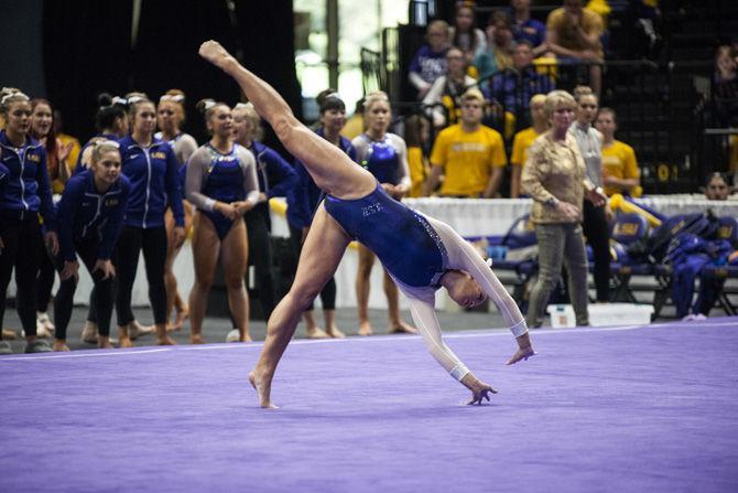 LSU all-around junior Sarah Finnegan competes in the floor exercise during the Tigers' 198.100-195.625 victory over Auburn on Sunday, March 4, 2018, in the PMAC.