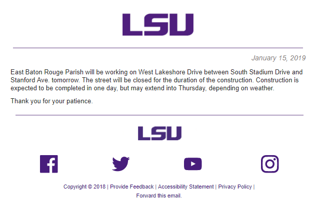 West Lakeshore Drive closed Wednesday, per LSU email