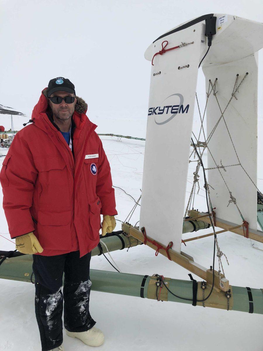 LSU Professor Peter Doran stands next to the SkyTEM, an instrument he used to determine how much water is underneath ice-covered lakes in Antarctica.&#160;