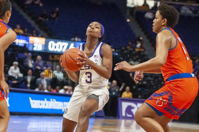 LSU sophomore guard Khayla Pointer (3) goes up for a lay-up during the Lady Tigers&#8217; 66-52 victory over Sam Houston in the PMAC on Tuesday, Nov. 6, 2018.