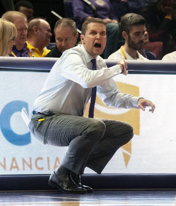 LSU men's basketball coach Will Wade coaches the team during the Tigers' 94-63 win against Southeastern on Tuesday, Nov. 6, 2018, in the PMAC.