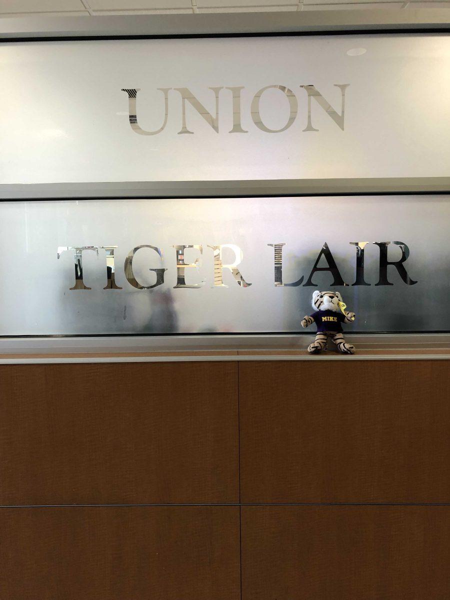 Mike the Tiger sits near the Tiger Lair in the LSU Student Union.