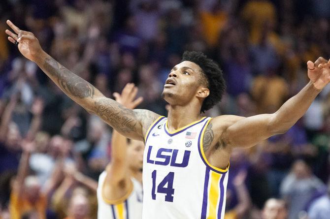 LSU guard Marlon Taylor (14) celebrates after a shot during the Tigers&#8217; 88-79 victory over Alabama in the PMAC on Tuesday, Jan. 8, 2019.