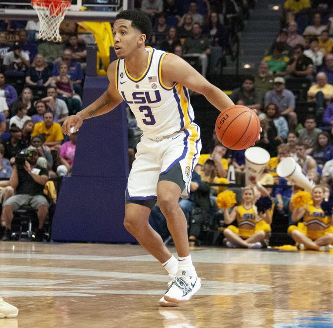 LSU guard Tremont Waters (03) dribbles the ball during the Tigers' 94-63 win against Southeastern on Tuesday, Nov. 6, 2018, in the PMAC.