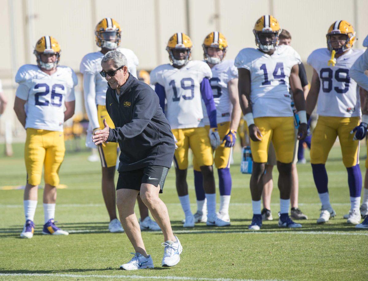 LSU coach Jerry Sullivan coaches the wide receivers on Thursday, March 15, 2018 at Spring football practice.