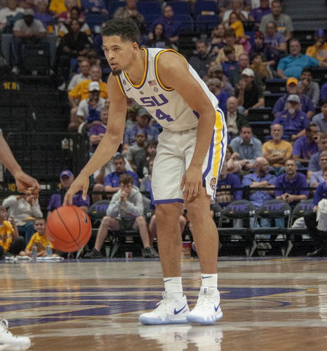 LSU guard Skylar Mays (04) dribbles the ball during the Tigers' 94-63 win against Southeastern on Tuesday, Nov. 6, 2018, in the PMAC.