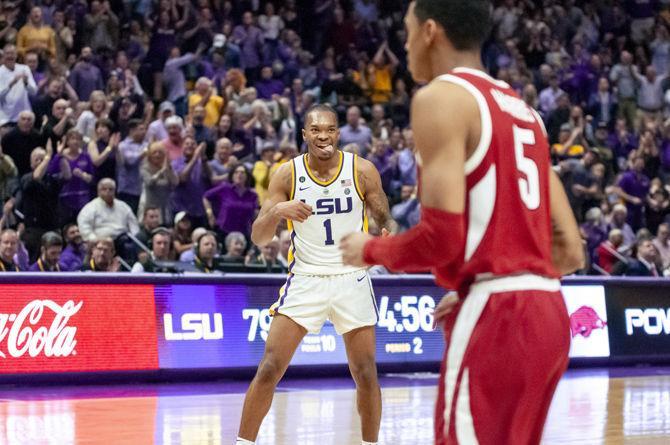 LSU freshman guard Ja'vonte Smart (1) celebrates after a basket during the Tigers' 89-90 loss to Arkansas on Saturday, Feb. 2, 2019, in the PMAC.