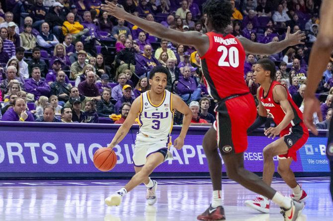 LSU sophomore guard Tremont Waters (3) drives to the basket during the Tigers' 92-82 victory over UGA on Wednesday, Jan. 23, 2019 in the PMAC.