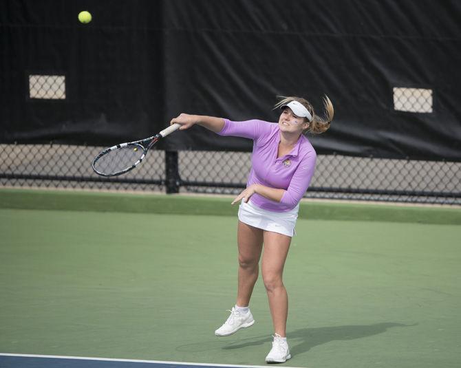 LSU sophomore Jessica Golovin serves the ball during the Lady Tigers' 5-0 win against Memphis on Saturday, Feb. 4, 2017 at the LSU Tennis Complex.