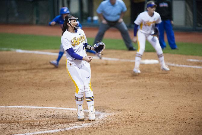 LSU freshman pitcher Shelbi Sunseri (27) pitches the ball during the Tigers' 11-6 victory over University of Texas at Arlington on Friday, Feb. 9, 2018 in Tiger Park.