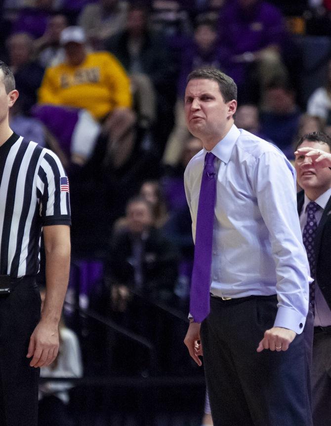 LSU coach Will Wade calls a play during the Tigers' 89-67 victory over South Carolina on Saturday, Jan. 19, 2019 in the PMAC.