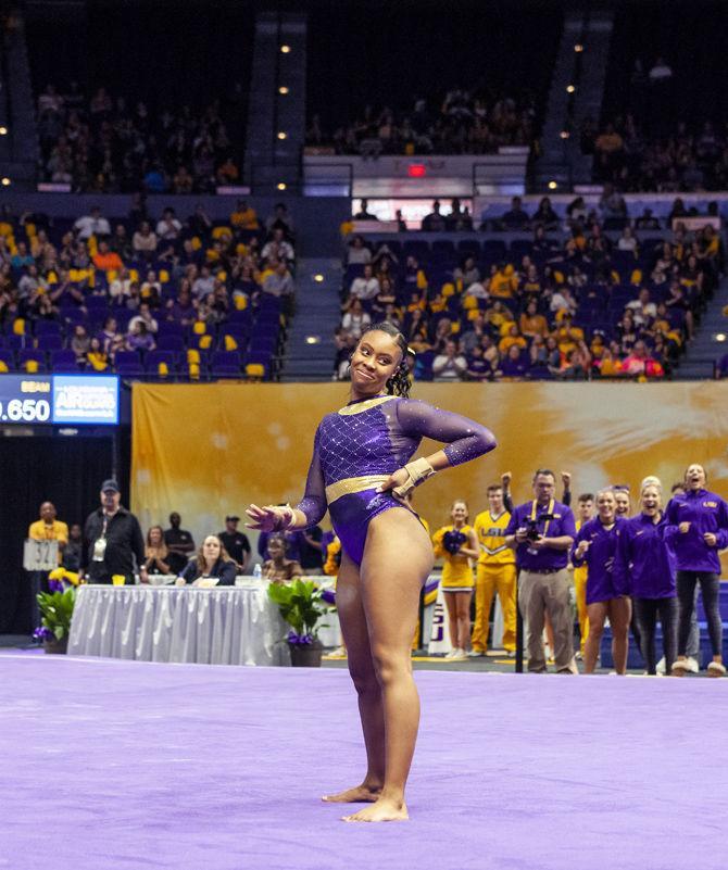 LSU junior all-around Kennedi Edney finishes her floor routine during the Tigers' 197.650-195.475 victory over Mizzou on Sunday, Feb. 17, 2019.