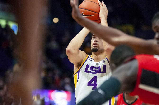 LSU junior guard Skyler Mays (4) shoots a free throw during the Tigers' 92-82 victory over UGA on Wednesday, Jan. 23, 2019 in the PMAC.