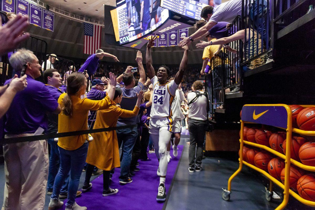 LSU freshman forward Emmitt Williams (24) leaves the court after the Tigers 82-80 victory over Tennesse on Saturday, Feb. 23, 2019.