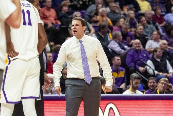 LSU coach Will Wade instructs his team during the Tigers' 92-82 victory over UGA on Wednesday, Jan. 23, 2019 in the PMAC.