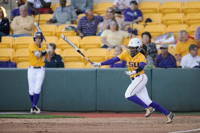 LSU senior outfielder A.J. Andrews (6) hits the ball in winning midweek game against Southeastern 11-0 at Tiger Park.