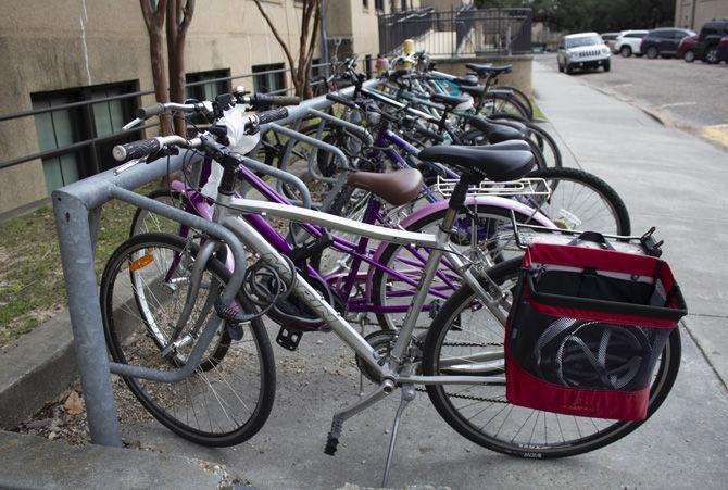 Student bikes are locked on to racks outside of the LSU Quad on Thursday, Jan. 31, 2019.