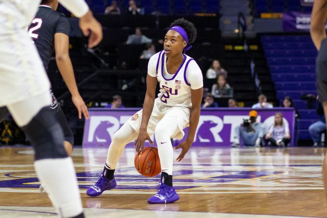 LSU senior guard Shanice Norton (2) dribbles the ball during the lady Tigers' 76-52 loss to South Carolina, on Sunday, Jan. 13, 2019 in the PMAC.