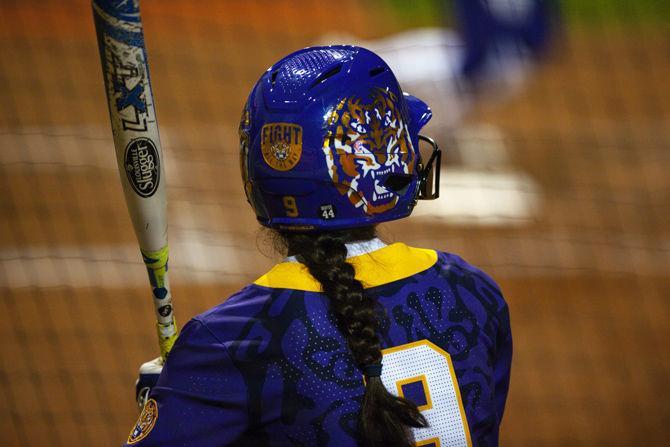 LSU senior utility player Elyse Thornhill (9) prepares to bat during the Lady Tigers' 19-1 victory over Tulsa, Thursday, Feb. 7, 2019, in Tiger Park.