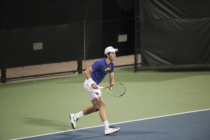 LSU freshman Rafael Wagner prepares for a play during the Tigers' 3-4 loss to Santa Clara at the LSU Tennis Complex on Friday, Feb. 3, 2017.