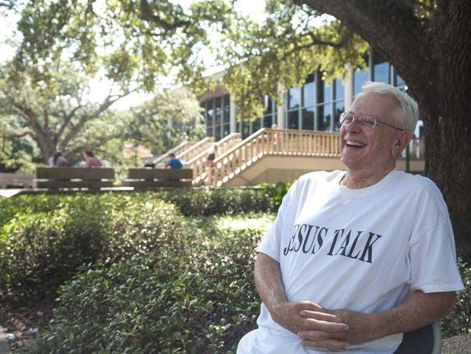 Ivan Imes, "Jesus Talk Guy," sits outside the Student Union on Thursday, September 3, 2015, available to any students seeking advice on God, faith and school.